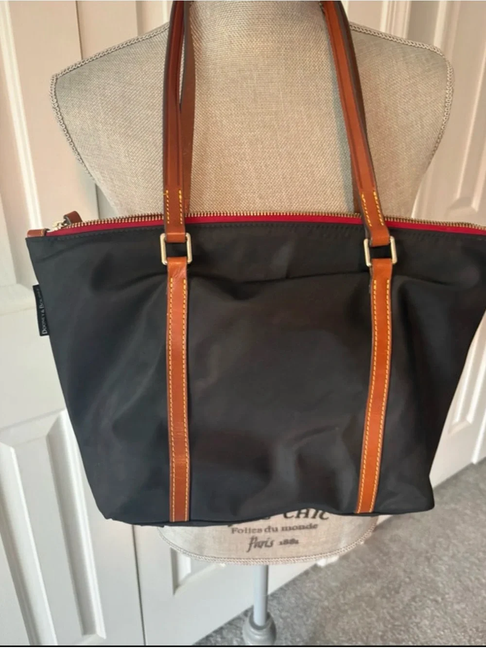 Dooney & Bourke Black Nylon Tote with Tan Leather Trim and Red Zip